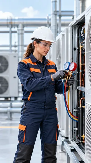 Tecnica de climatizacion y HVAC realizando una revision.
