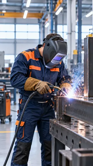 Profesional de soldadura trabajando en un taller moderno.