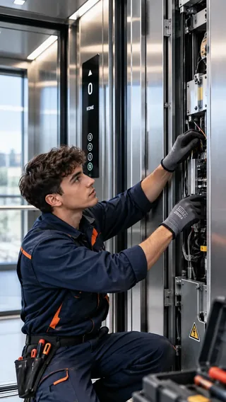 Tecnico de ascensores trabajando en una instalacion.
